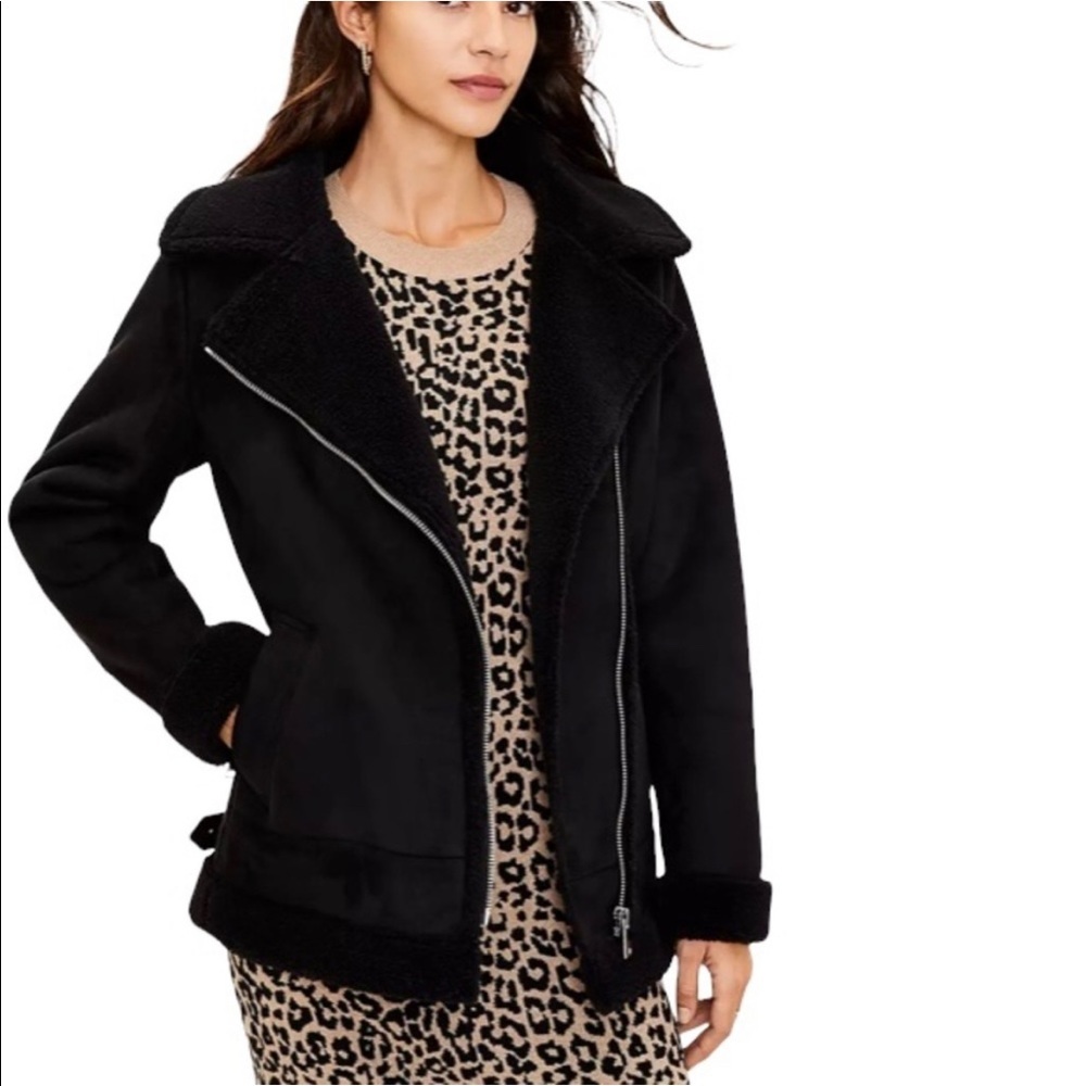 Ann Taylor LOFT Faux Suede Aviator Jacket Black Size XL